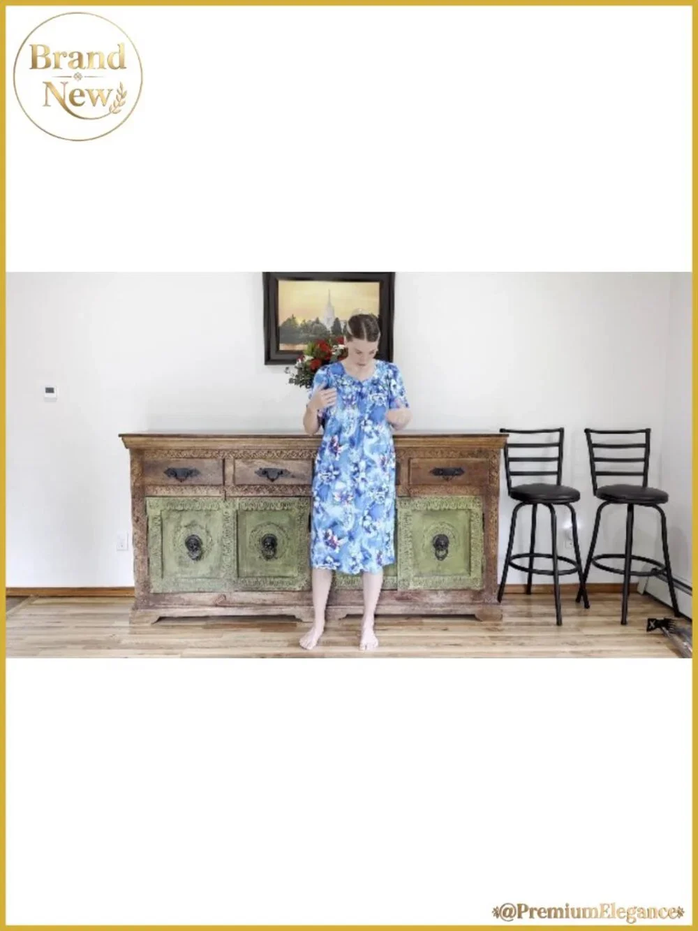 Women's House Dress with Pockets Floral V-Neck Nightgown